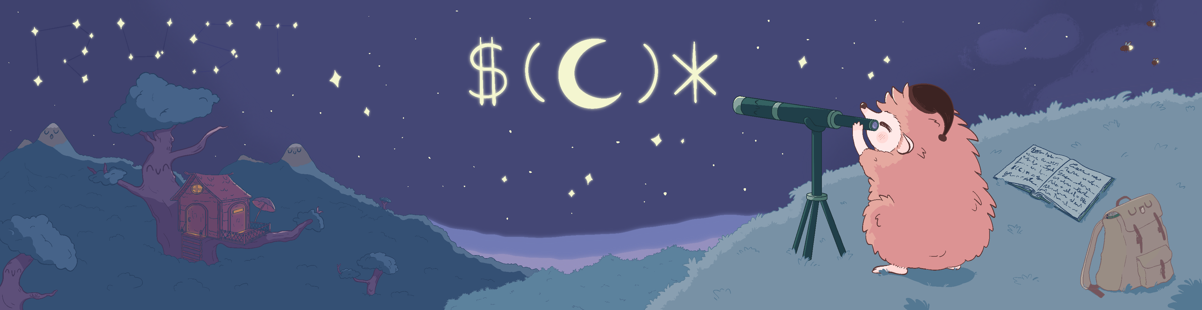 A young hedgehog standing on top of a hill. They are looking at the moon through a telescope. The moon is surrounded by $( on its left and )* on its right. The sky is clear, plenty of stars are visible. In the background, there's a forest, and a treehouse, and a bunch of mountains.